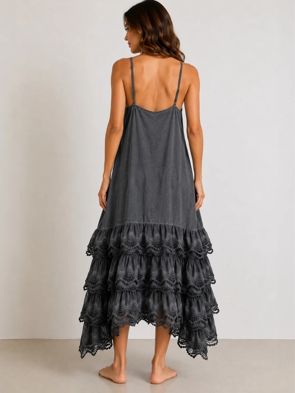 A Rare Bird Boho Black Ruffled Lace Slip Dress - Picture 4 of 6